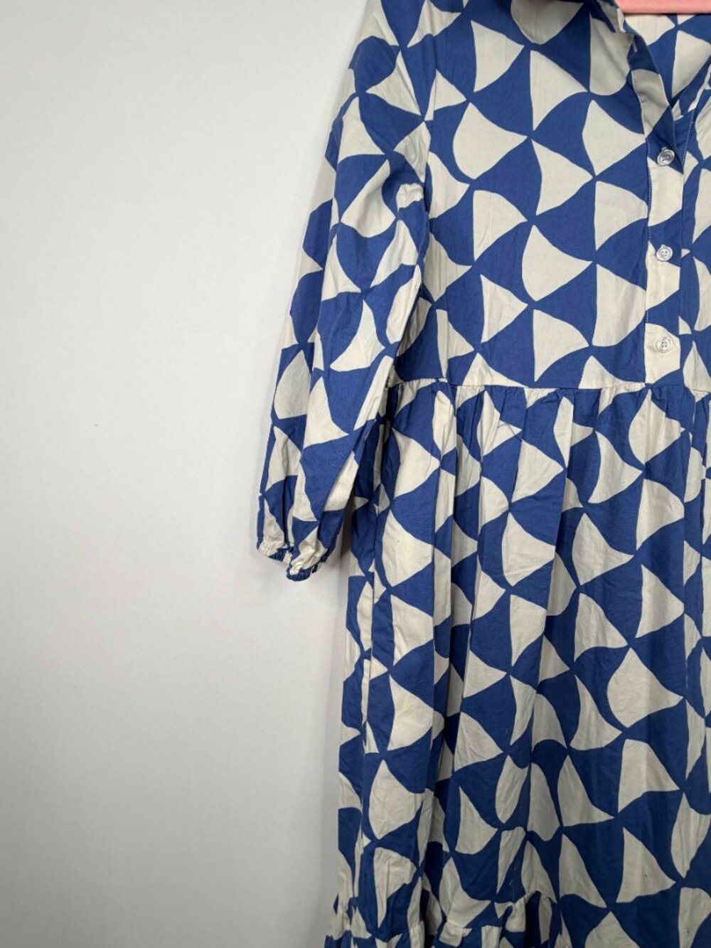 Rachel Zoe Geometric Print Tiered Midi Shirt Dress Blue White L #A3768 - Picture 4 of 8